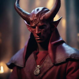 A tiefling character with horns is depicted wearing a bandage over his eyes and dressed in traditional priest clothes