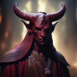 A tiefling character with horns is depicted wearing a bandage over his eyes and dressed in traditional priest clothes