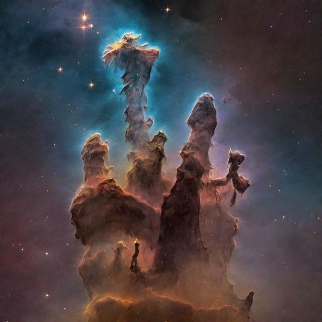 An image of the Pillars of Creation as they might exist today. They are tall columns within the Eagle Nebula, glowing from the illumination of bright stars above. Include surrounding space dust and stars.