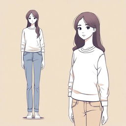 A detailed illustration of a girl with a figure of 28-32-30, standing confidently in a casual outfit