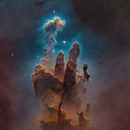 An image of the Pillars of Creation as they might exist today. They are tall columns within the Eagle Nebula, glowing from the illumination of bright stars above. Include surrounding space dust and stars.