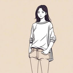 A detailed illustration of a girl with a figure of 28-32-30, standing confidently in a casual outfit