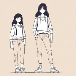 A detailed illustration of a girl with a figure of 28-32-30, standing confidently in a casual outfit