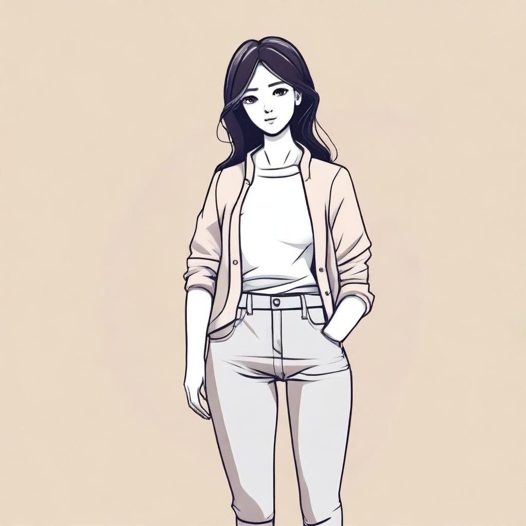 A detailed illustration of a girl with a figure of 28-32-30, standing confidently in a casual outfit