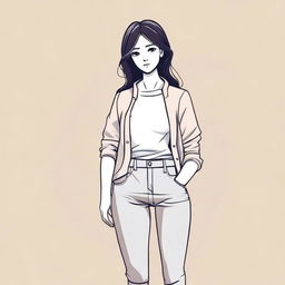 A detailed illustration of a girl with a figure of 28-32-30, standing confidently in a casual outfit