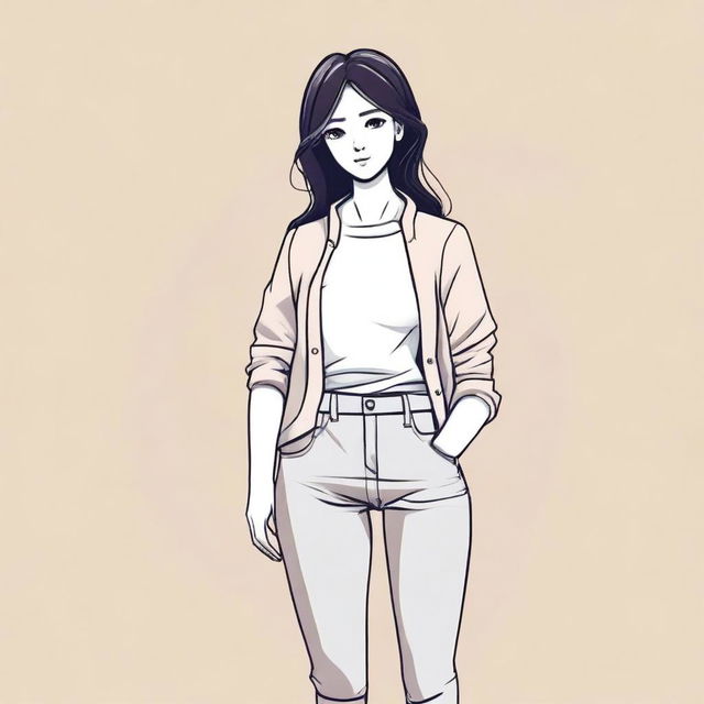 A detailed illustration of a girl with a figure of 28-32-30, standing confidently in a casual outfit