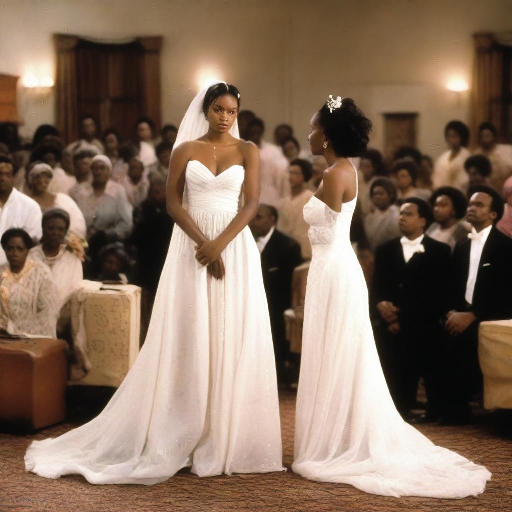 A broken African American bride, standing alone at the wedding altar in a tattered and stained wedding gown, surrounded by a pile of suitcases, as her fiancé and the guests stare at her with disapproval