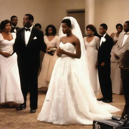 A broken African American bride, standing alone at the wedding altar in a tattered and stained wedding gown, surrounded by a pile of suitcases, as her fiancé and the guests stare at her with disapproval