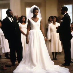 A broken African American bride, standing alone at the wedding altar in a tattered and stained wedding gown, surrounded by a pile of suitcases, as her fiancé and the guests stare at her with disapproval