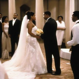 A broken African American bride, standing alone at the wedding altar in a tattered and stained wedding gown, surrounded by a pile of suitcases, as her fiancé and the guests stare at her with disapproval