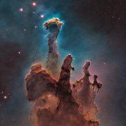 An image of the Pillars of Creation as they might exist today. They are tall columns within the Eagle Nebula, glowing from the illumination of bright stars above. Include surrounding space dust and stars.