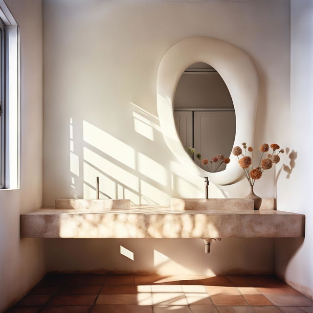 A serene bathroom with clean white plaster wall, dainty stone vanity, organic-shaped mirror, vase with dried flowers, and delicate terracotta tiles on the floor, all bathed in shards of light casting soft shadows.