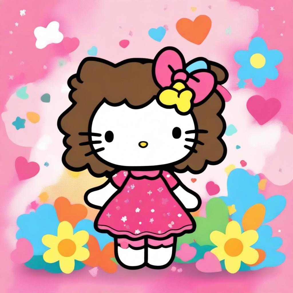 A cute Hello Kitty character with curly hair, standing in a cheerful and colorful background