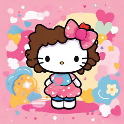 A cute Hello Kitty character with curly hair, standing in a cheerful and colorful background