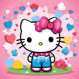 A cute Hello Kitty character with curly hair, standing in a cheerful and colorful background