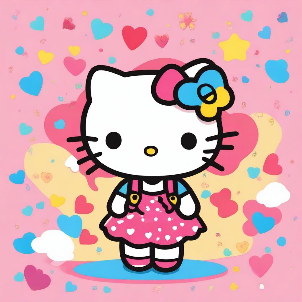 A cute Hello Kitty character with curly hair, standing in a cheerful and colorful background