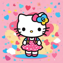 A cute Hello Kitty character with curly hair, standing in a cheerful and colorful background