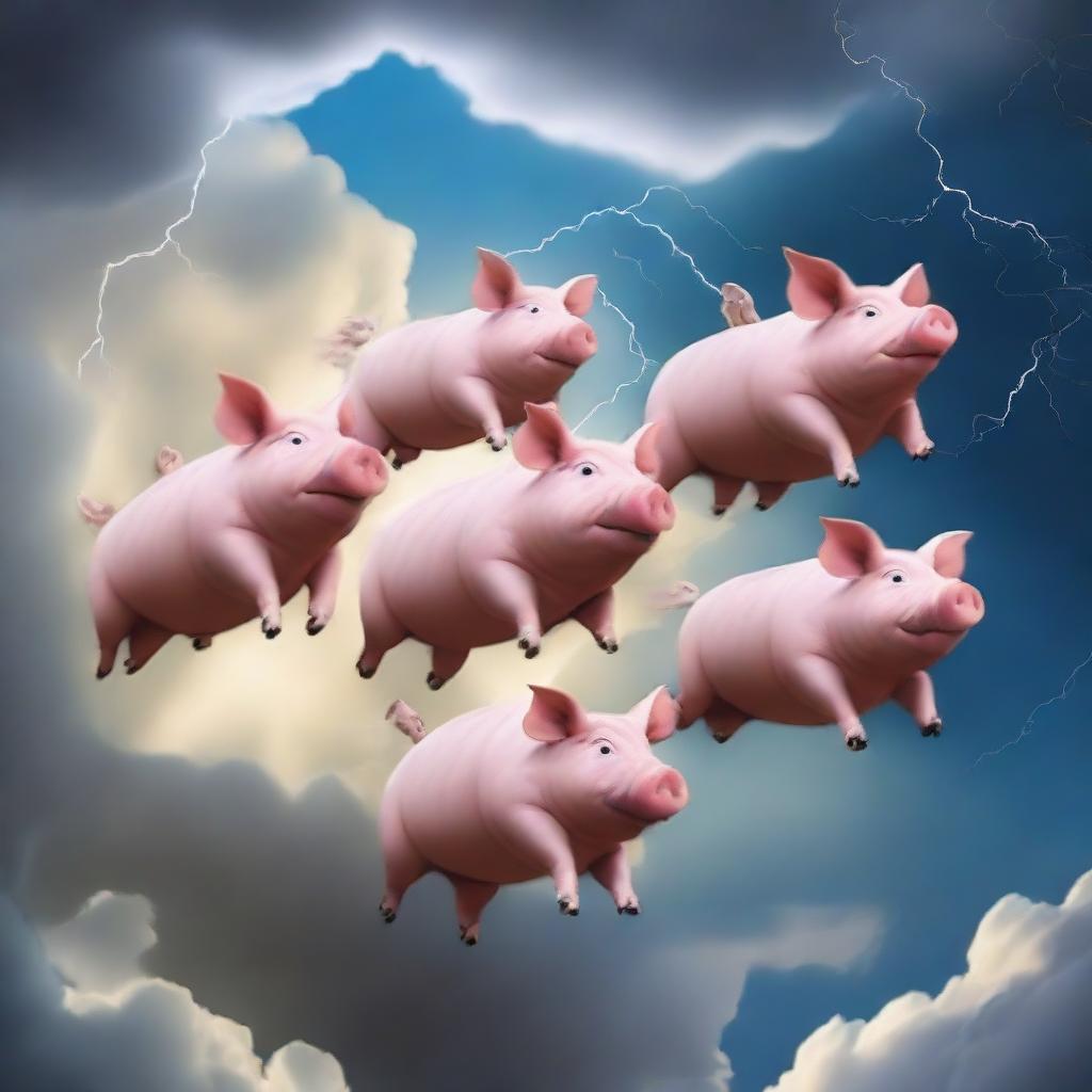 A group of pigs flying in formation across a dramatic sky filled with thunder clouds and lightning