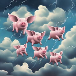 A group of pigs flying in formation across a dramatic sky filled with thunder clouds and lightning