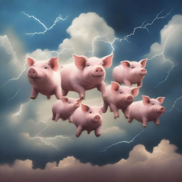 A group of pigs flying in formation across a dramatic sky filled with thunder clouds and lightning