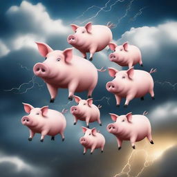 A group of pigs flying in formation across a dramatic sky filled with thunder clouds and lightning