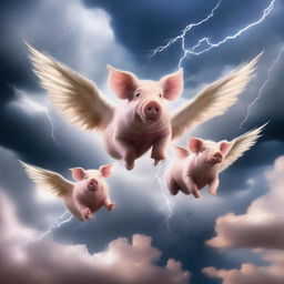 A surreal scene of pigs with wings flying in formation across a dramatic sky filled with thunder clouds and flashes of lightning