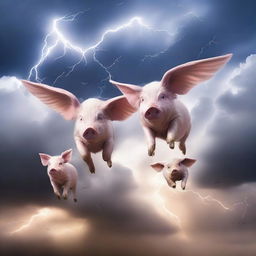 A surreal scene of pigs with wings flying in formation across a dramatic sky filled with thunder clouds and flashes of lightning