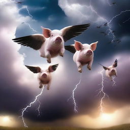 A surreal scene of pigs with wings flying in formation across a dramatic sky filled with thunder clouds and flashes of lightning