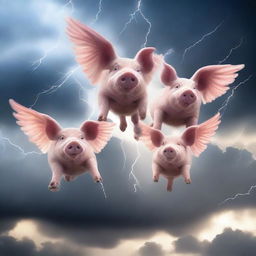 A surreal scene of pigs with wings flying in formation across a dramatic sky filled with thunder clouds and flashes of lightning