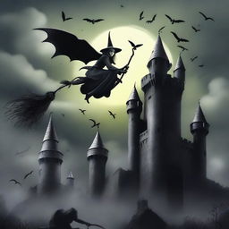 A dramatic scene of flying monkeys attacking the wicked witch who is standing on the ramparts of her castle