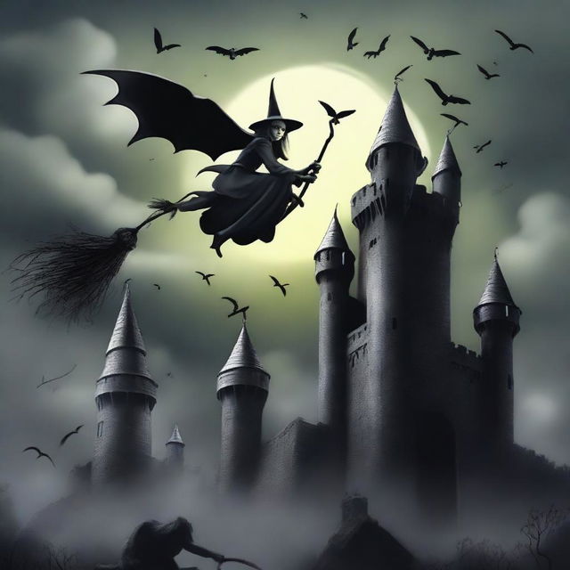 A dramatic scene of flying monkeys attacking the wicked witch who is standing on the ramparts of her castle