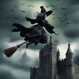 A dramatic scene of flying monkeys attacking the wicked witch who is standing on the ramparts of her castle