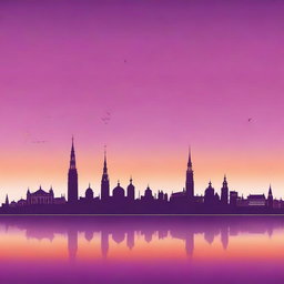 A detailed silhouette of the Riga, Latvia skyline during sunset