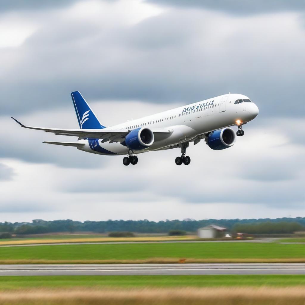 A stunning image of an Airbus A220 aircraft with the airline name RoyaLux taking off from a runway