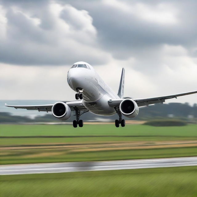 A stunning image of an Airbus A220 aircraft with the airline name RoyaLux taking off from a runway