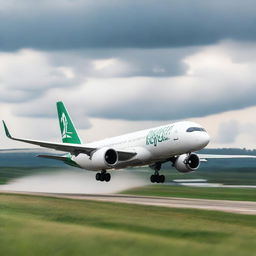 A stunning image of an Airbus A220 aircraft with the airline name RoyaLux taking off from a runway