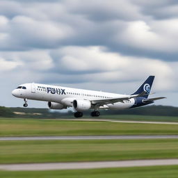 A stunning image of an Airbus A220 aircraft with the airline name RoyaLux taking off from a runway