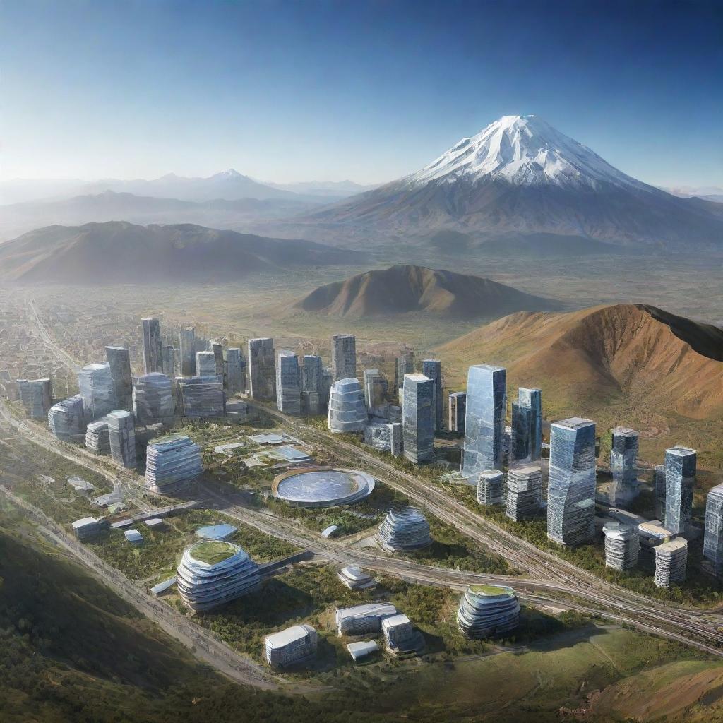 An imaginative futuristic view of Bolivia in 2025. Include advanced technology, sustainable infrastructure, and lush natural landscapes with Andes mountains in the background. Capturing a vibrant blend of tradition and progress.