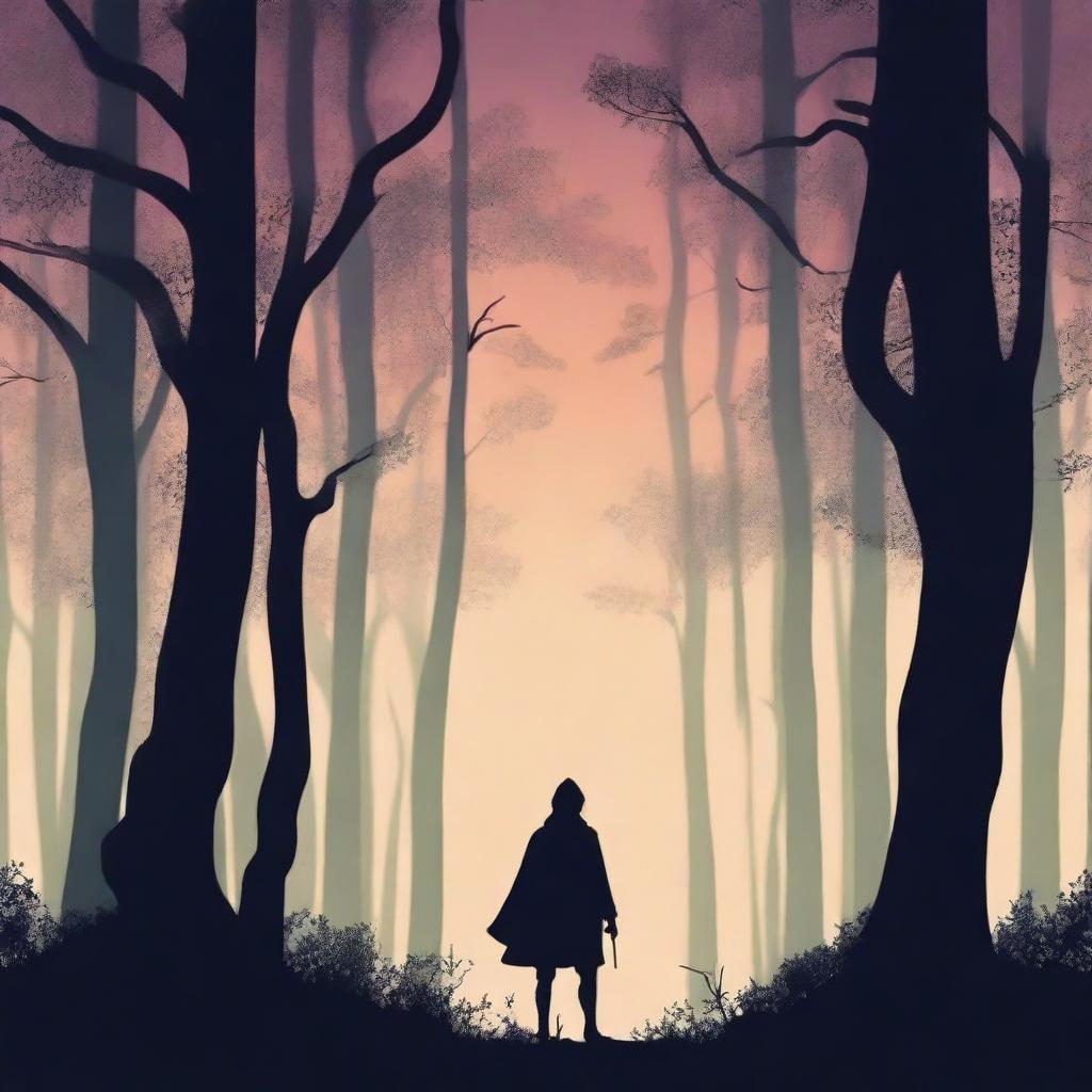 Create a novel book cover featuring a mysterious forest at twilight with a silhouette of a lone wanderer