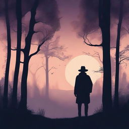 Create a novel book cover featuring a mysterious forest at twilight with a silhouette of a lone wanderer