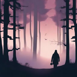 Create a novel book cover featuring a mysterious forest at twilight with a silhouette of a lone wanderer