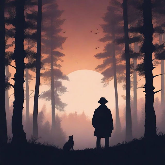 Create a novel book cover featuring a mysterious forest at twilight with a silhouette of a lone wanderer