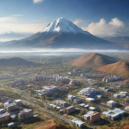 An imaginative futuristic view of Bolivia in 2025. Include advanced technology, sustainable infrastructure, and lush natural landscapes with Andes mountains in the background. Capturing a vibrant blend of tradition and progress.