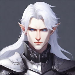 A male Hexblade knight Astral Elf with pure white hair, fair skin, and eyes that are entirely black with a white iris