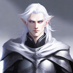 A male Hexblade knight Astral Elf with pure white hair, fair skin, and eyes that are entirely black with a white iris