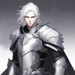 A male Hexblade knight Astral Elf with pure white hair, fair skin, and eyes that are entirely black with a white iris