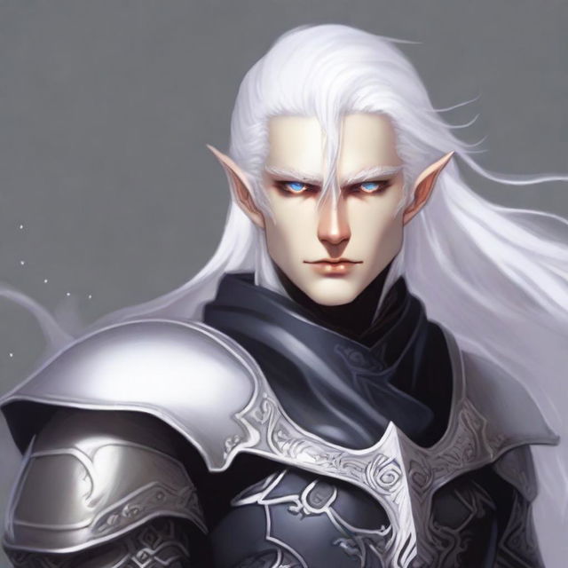 A male Hexblade knight Astral Elf with pure white hair, fair skin, and eyes that are entirely black with a white iris