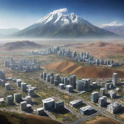 An imaginative futuristic view of Bolivia in 2025. Include advanced technology, sustainable infrastructure, and lush natural landscapes with Andes mountains in the background. Capturing a vibrant blend of tradition and progress.