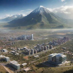 An imaginative futuristic view of Bolivia in 2025. Include advanced technology, sustainable infrastructure, and lush natural landscapes with Andes mountains in the background. Capturing a vibrant blend of tradition and progress.