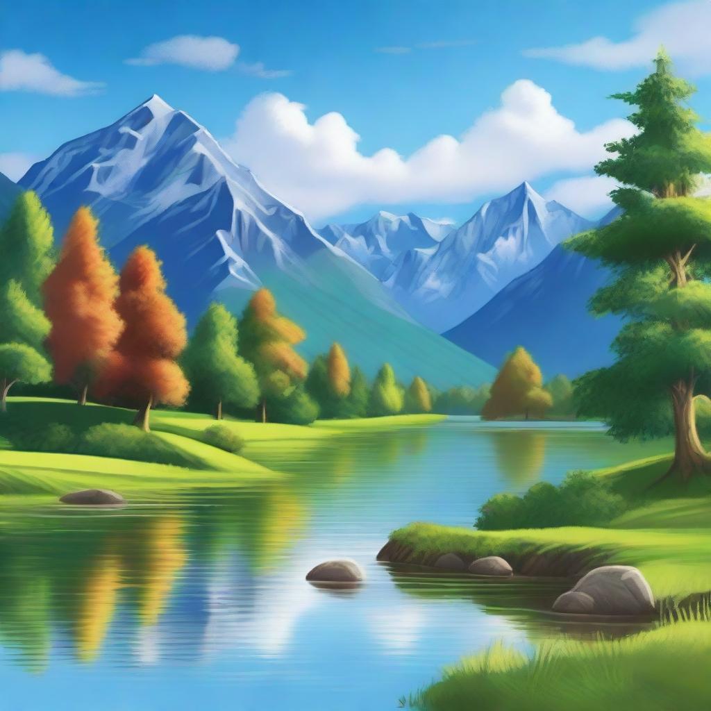 A beautiful scenic landscape featuring mountains, a river flowing through a forest, and a clear blue sky with fluffy white clouds